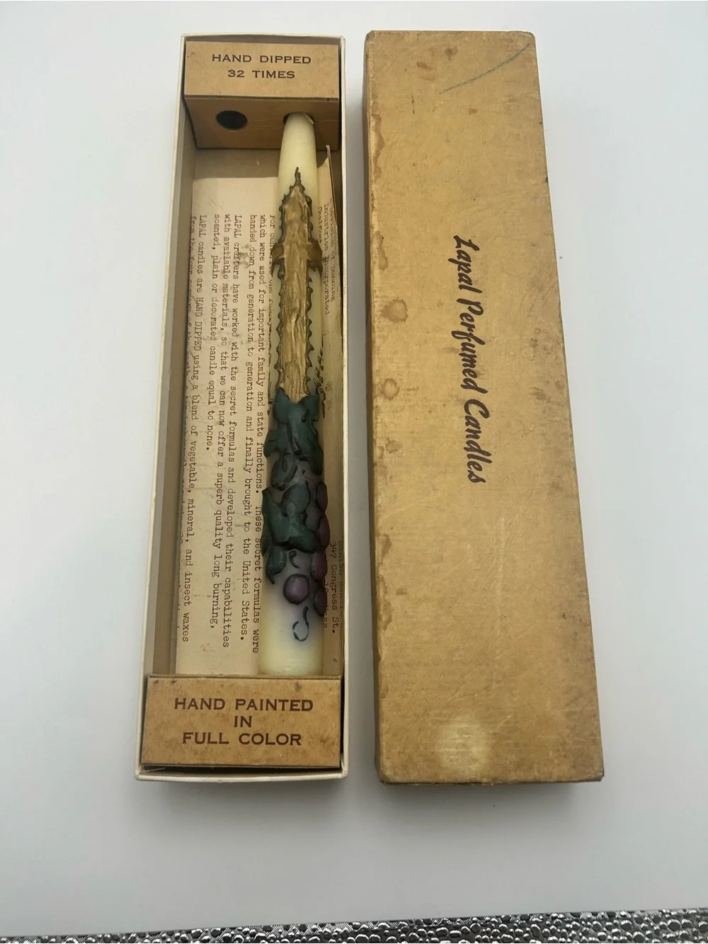 Vintage LaPal Candle Hand Painted Hand Dipped 32 Times Cross Candle 10in Boxed